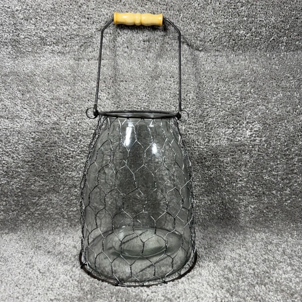 Lantern Cloche Clear Glass Chicken Wire Wood Handle Farmhouse Decor